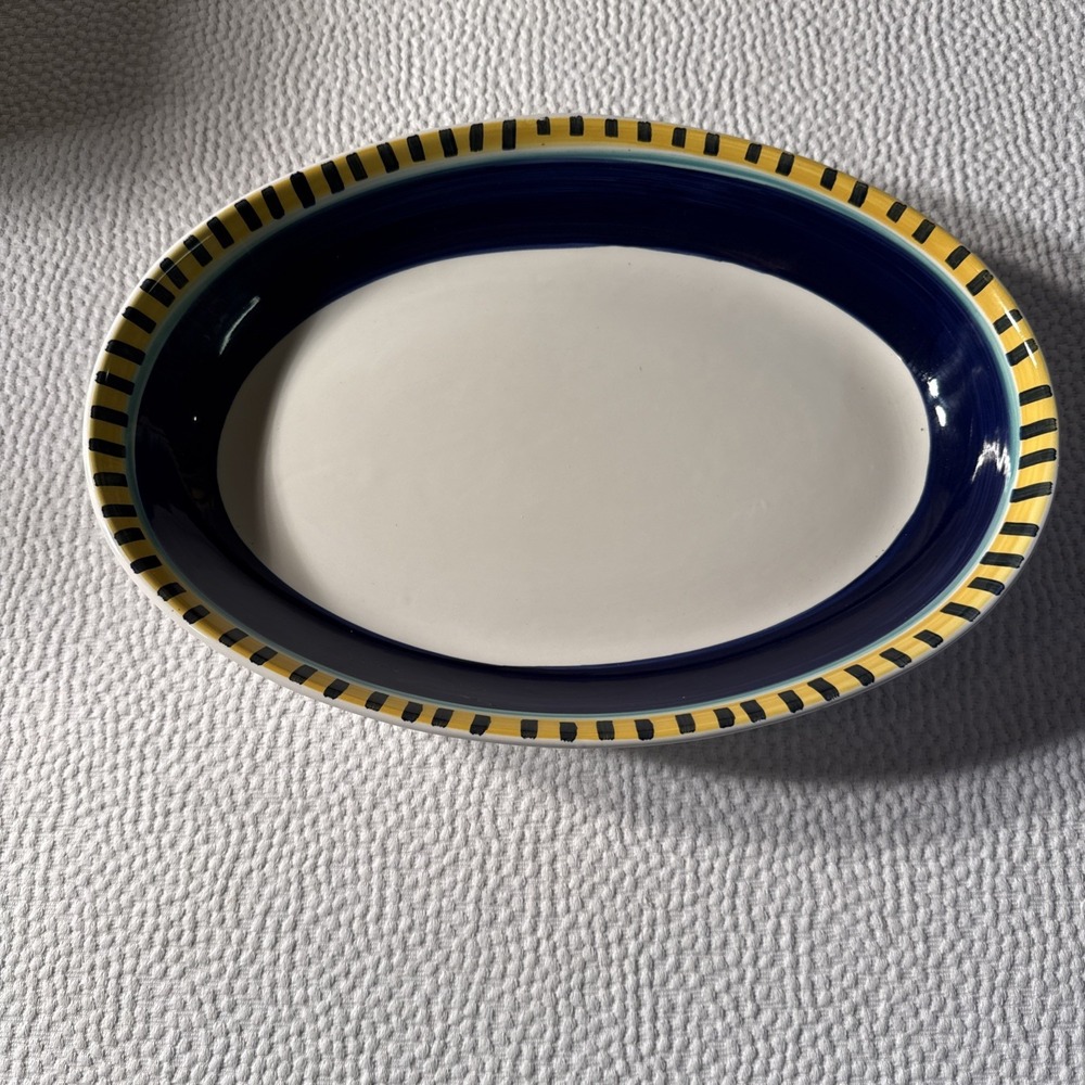 Pier 1 Large Oval Bowl Blue Lines On Yellow Italy Hand Painted